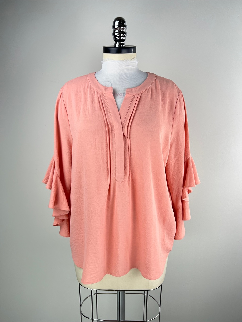 💚 3843. Women's Coral Pink Ruffle Sleeve Blouse